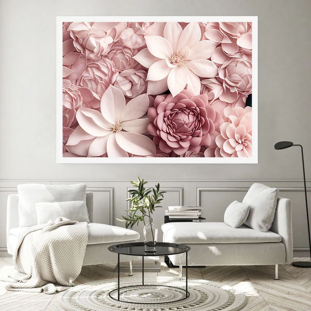 Poster - Blumen in Rosa- und Weißtönen in künstlerischer Umsetzung - 100x70cm - In rosa Blütenblättern - Moderne Wanddekoration für Wohnzimmer und Schlafzimmer ARTTOR