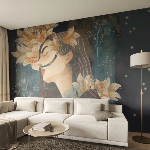 Maßgeschneiderte Fototapete Premium Canvas - Ein Märchen über eine Prinzessin mit Lilien - Abstraktion, Frau, Blumen