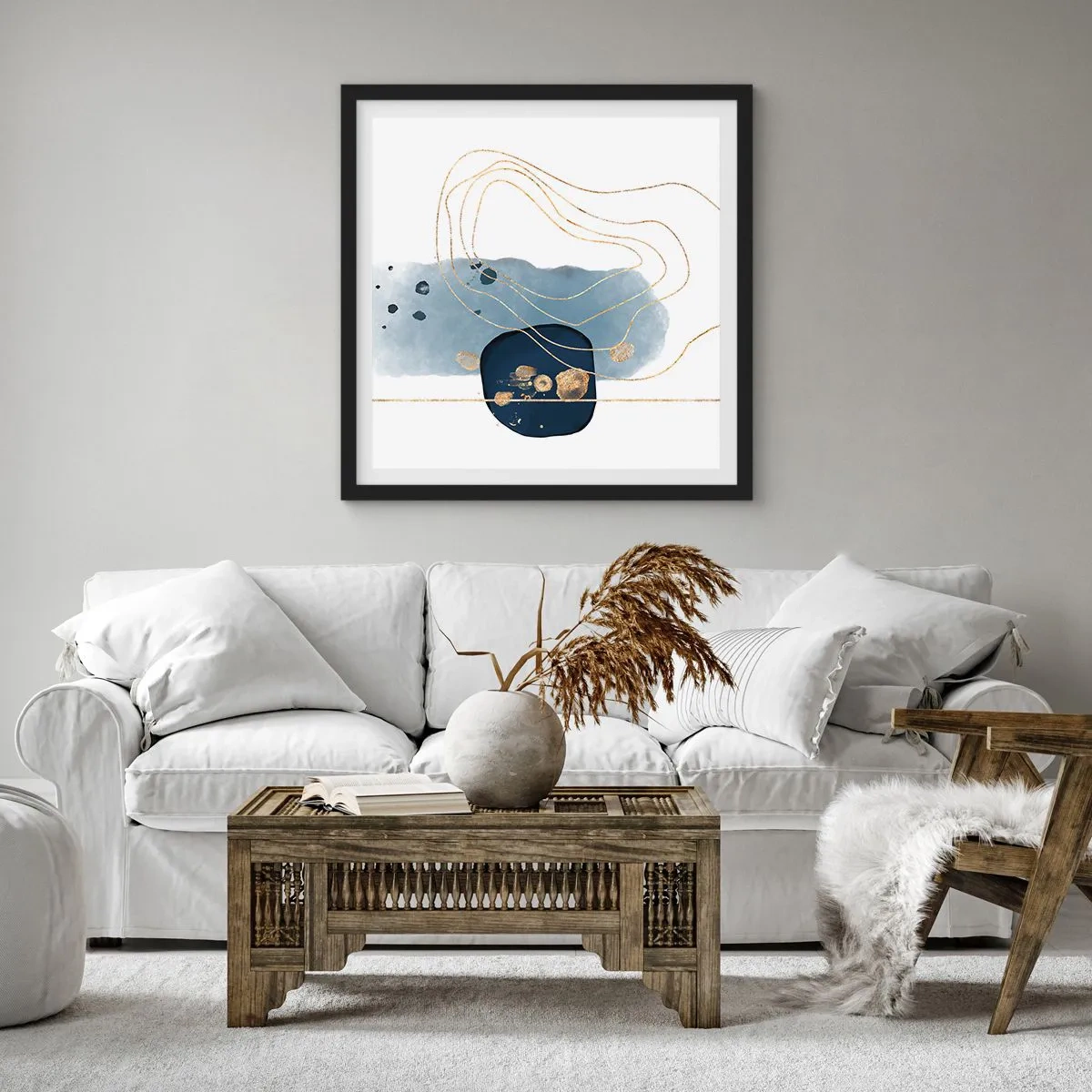 Poster in einem schwarzem Rahmen - Blau-goldene Fantasie - 40x40 cm