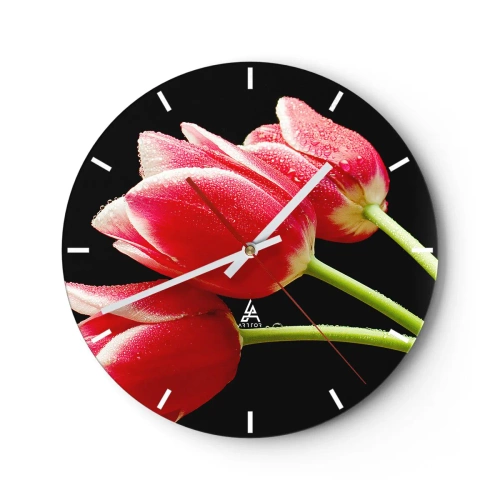 Wanduhr - Glasuhr - Rote Tulpen mit Wassertropfen auf schwarzem Hintergrund - 30x30cm - Ein Versprechen der reinen Liebe - Moderne Wanddekoration für Wohnzimmer, Küche und Schlafzimmer ARTTOR