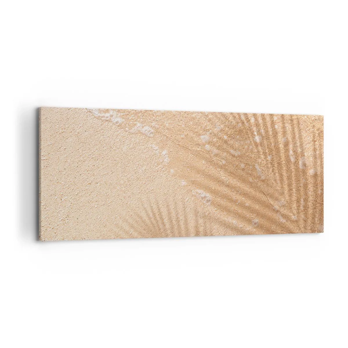 Bild auf Leinwand - Leinwandbild - Der Schatten einer Palme auf dem Sand mit einem zarten Wellenmuster - 120x50cm - Der Schatten eines heißen Sommers - Moderne Wanddekoration für Wohnzimmer und Schlafzimmer ARTTOR