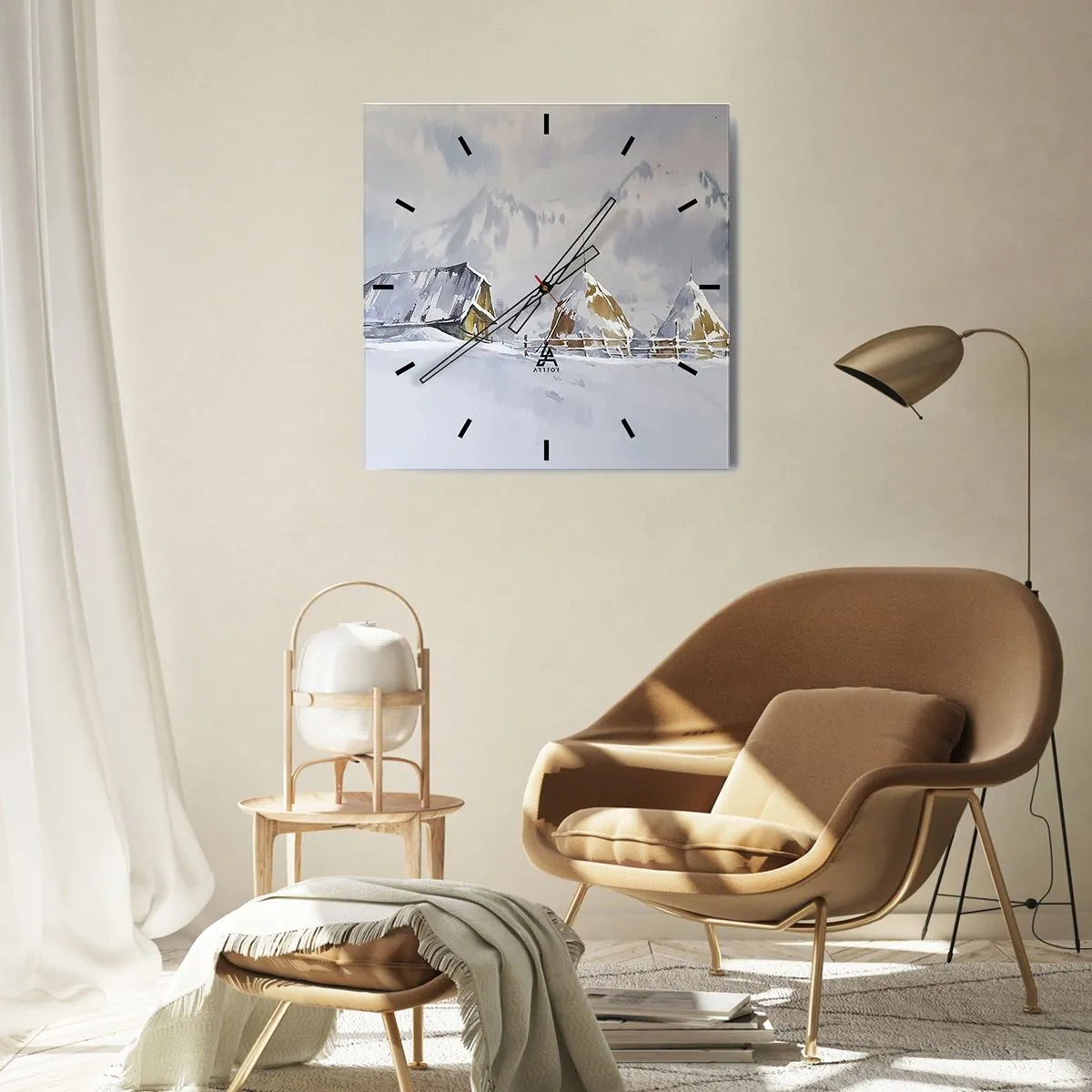 Wanduhr - Glasuhr - Winterlandschaft mit Hütte und Heuhaufen in den Bergen - 30x30cm - In einem verschneiten Talkessel - Moderne Wanddekoration für Wohnzimmer und Schlafzimmer ARTTOR