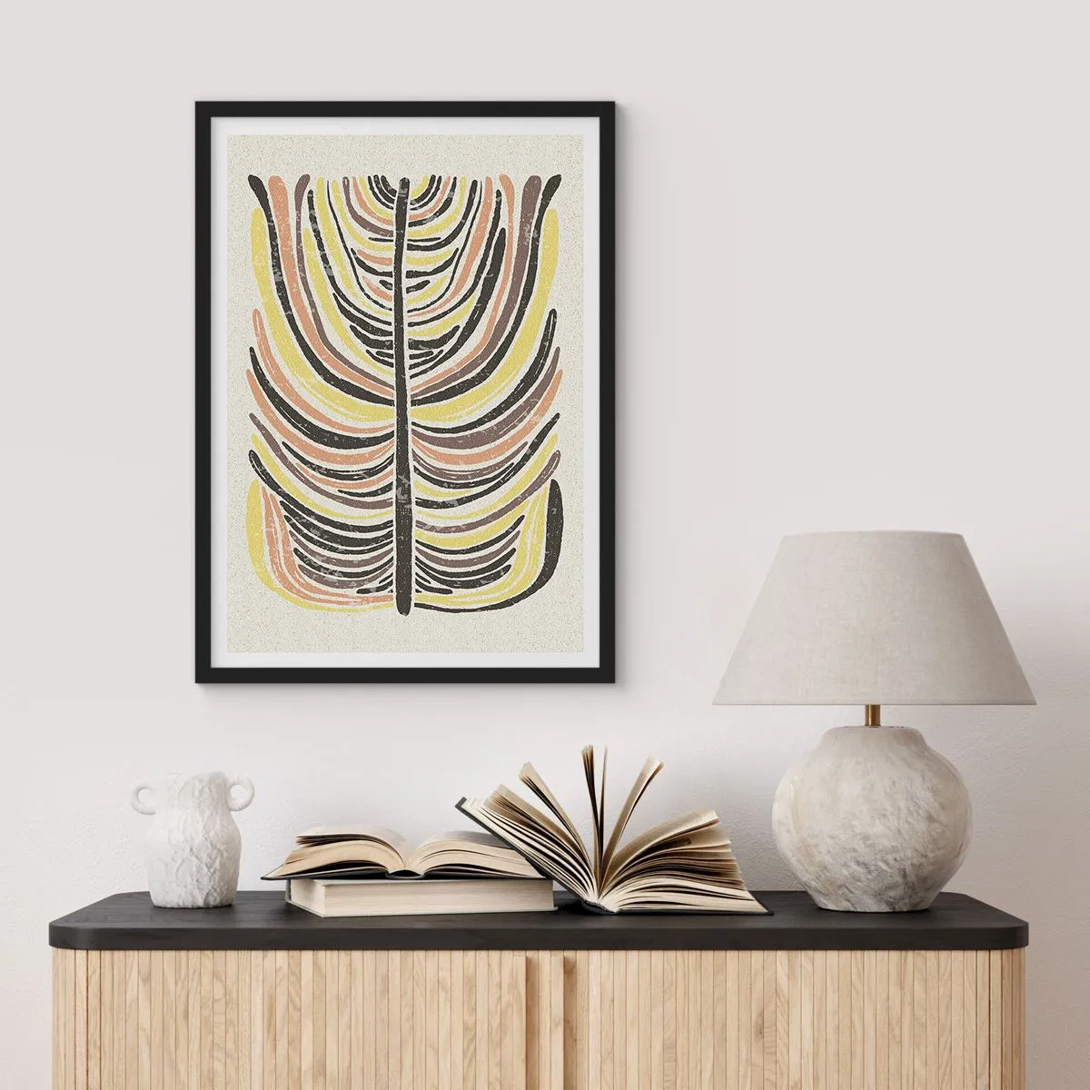 Poster in einem schwarzem Rahmen - Abstraktes Blatt in Erdtönen - 50x70cm - Abstraktion voller Leben - Moderne Wanddekoration für Wohnzimmer und Schlafzimmer ARTTOR