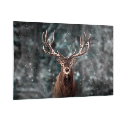 Glasbild - Bild auf glas - Ein stolzer Hirsch in einem Winterwald inmitten fallenden Schnees - 120x80cm - Gekrönter König des Waldes - Moderne Wanddekoration für Wohnzimmer und Schlafzimmer ARTTOR