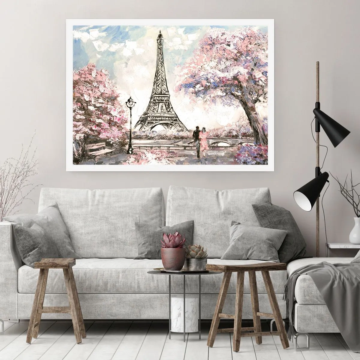 Poster - Der Eiffelturm, umgeben von blühenden Bäumen - 100x70cm - Aprilspaziergang durch Paris - Moderne Wanddekoration für Wohnzimmer und Schlafzimmer ARTTOR