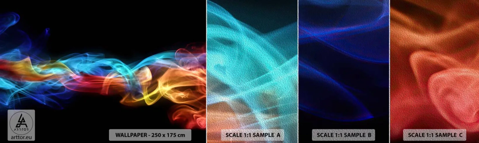 Fototapeten Muster Premium Sand - Regenbogentanz der Nebel - Abstraktion, Grafik, Bunte Flammen - 100x30 cm