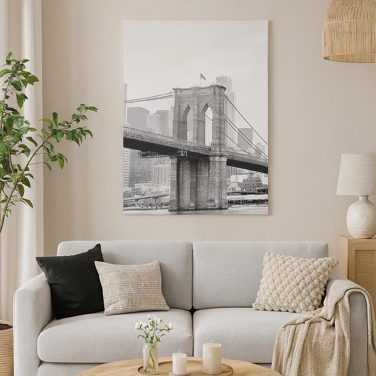 Bild auf Leinwand - Leinwandbild - Brooklyn Bridge mit New Yorker Wolkenkratzern im Hintergrund - 50x70cm - New Yorker Atmosphäre - Moderne Wanddekoration für Wohnzimmer und Schlafzimmer ARTTOR