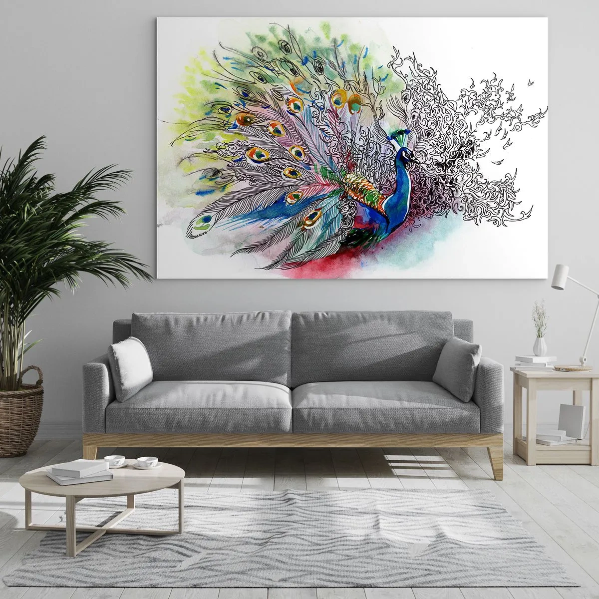 Glasbild - Bild auf glas - Bunter Pfau im künstlerischen Aquarellstil - 100x70cm - Mit Stolz gegen Grau - Moderne Wanddekoration für Wohnzimmer und Schlafzimmer ARTTOR