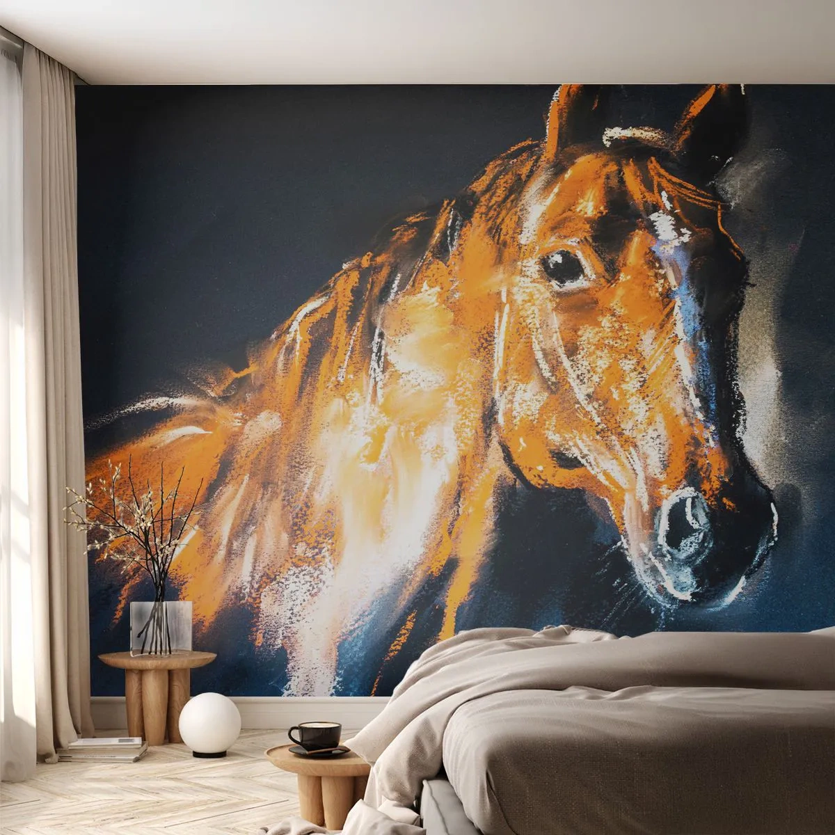 Fototapete Premium Sand - Porträt eines Pferdes in ausdrucksstarker Technik - 100x70cm - Also was, gehst du? - Moderne Wanddekoration für Wohnzimmer und Schlafzimmer ARTTOR
