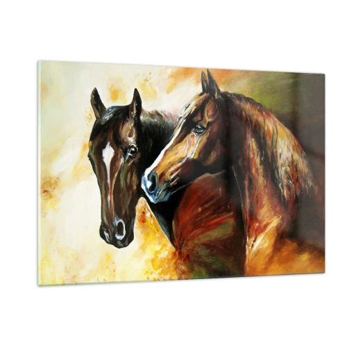 Glasbild - Bild auf glas - Zwei Pferde in einer kunstvollen, dynamischen Komposition - 120x80cm - Doppelt anmutig - Moderne Wanddekoration für Wohnzimmer und Schlafzimmer ARTTOR
