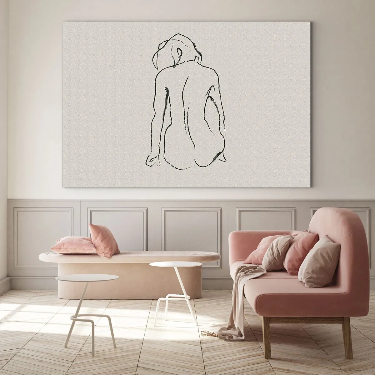 Glasbild - Bild auf glas - Eine zarte Skizze einer sitzenden Frau, in Schwarz auf hellem Hintergrund gezeichnet. - 70x50cm - Mädchenakt - Moderne Wanddekoration für Wohnzimmer und Schlafzimmer ARTTOR