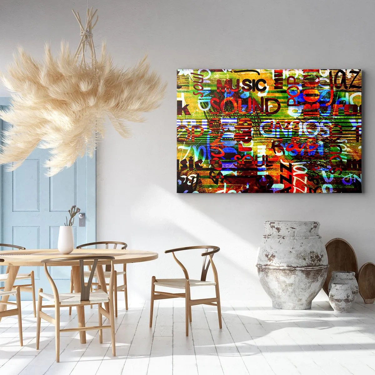 Bild auf Leinwand - Leinwandbild - Bunte Abstraktion mit Musikinschriften im Pop-Art-Stil - 120x80cm - Alle Farben des Klangs - Moderne Wanddekoration für Wohnzimmer und Schlafzimmer ARTTOR