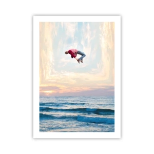 Poster - Ein Mann springt bei Sonnenuntergang in den Himmel über dem Meer - 50x70cm - In eine andere Dimension - Moderne Wanddekoration für Wohnzimmer und Schlafzimmer ARTTOR