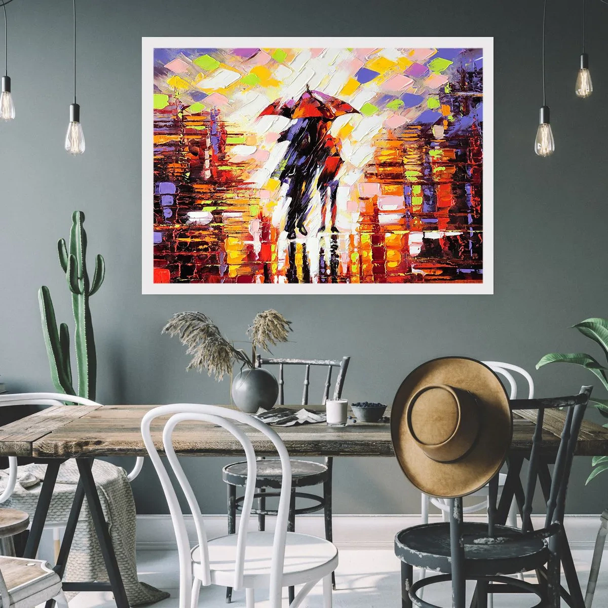 Poster - Eine abstrakte Szene eines Spaziergangs unter einem Regenschirm in einer regnerischen Nacht. - 100x70cm - Gemeinsam durch die Nacht und den Regen - Moderne Wanddekoration für Wohnzimmer und Schlafzimmer ARTTOR