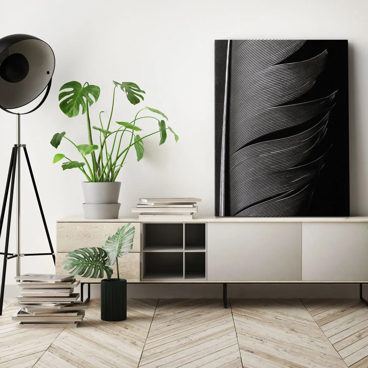 Bild auf Leinwand - Leinwandbild - Schwarz-weiße Federstruktur im minimalistischen Stil - 70x100cm - Stift – ein wunderbares Design - Moderne Wanddekoration für Wohnzimmer und Schlafzimmer ARTTOR