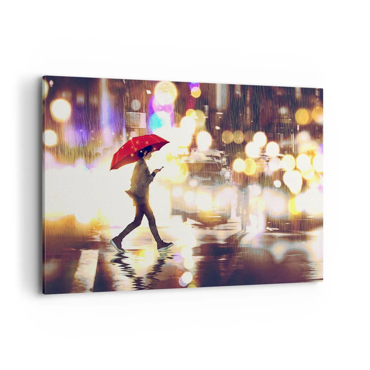 Bild auf Leinwand - Leinwandbild - Eine Figur mit einem roten Regenschirm auf der Straße im Regen - 120x80cm - Und doch sonnig - Moderne Wanddekoration für Wohnzimmer und Schlafzimmer ARTTOR