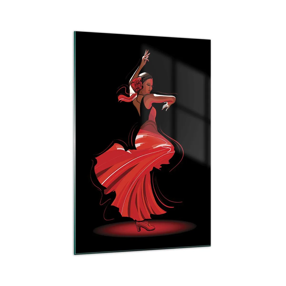 Glasbild - Bild auf glas - Flamenco-Tänzerin in einem roten Kleid vor schwarzem Hintergrund - 70x100cm - Der feurige Geist des Flamenco - Moderne Wanddekoration für Wohnzimmer und Schlafzimmer ARTTOR
