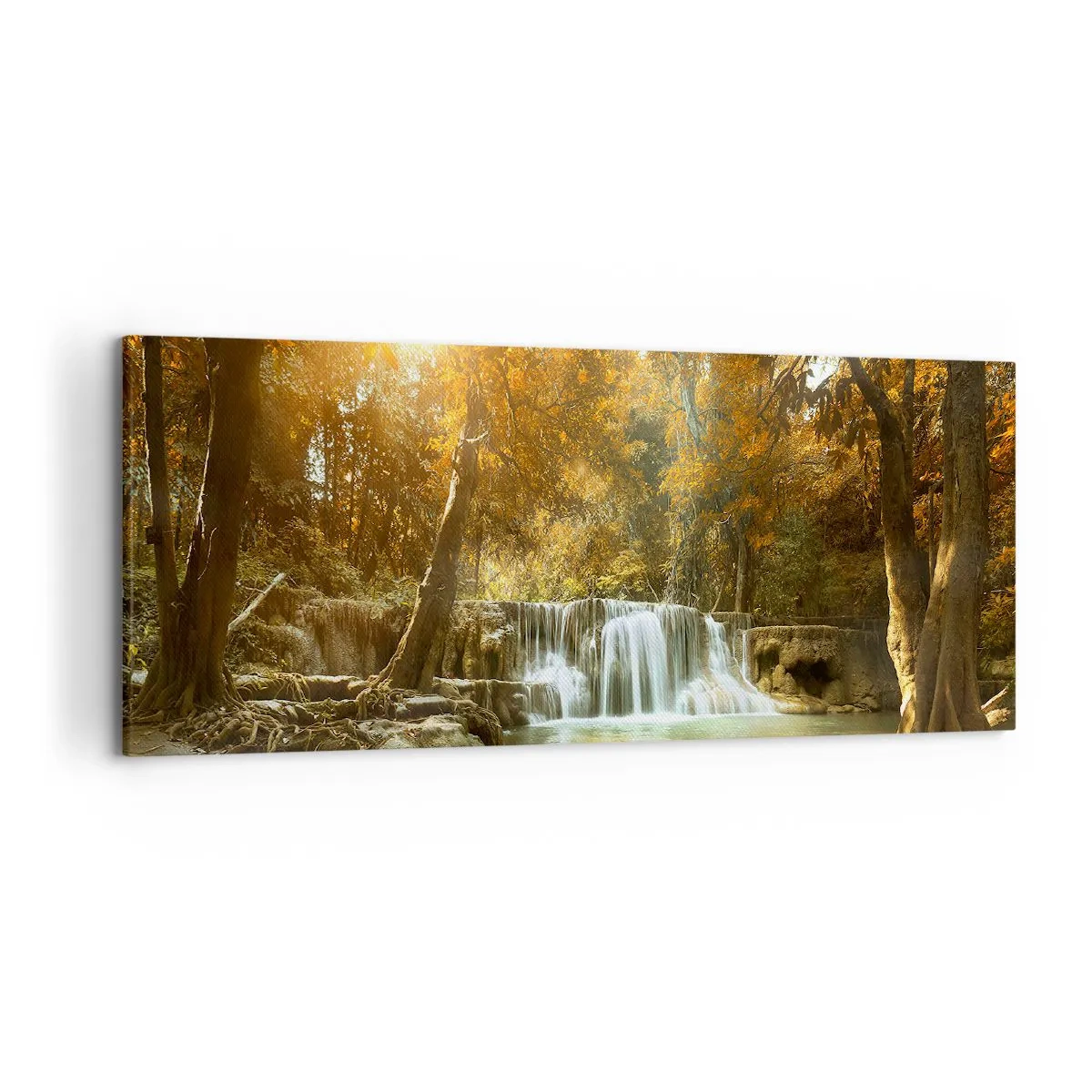 Bild auf Leinwand - Leinwandbild - Herbstlandschaft mit Wasserfall - 120x50cm - Parkkaskade - Moderne Wanddekoration für Wohnzimmer und Schlafzimmer ARTTOR
