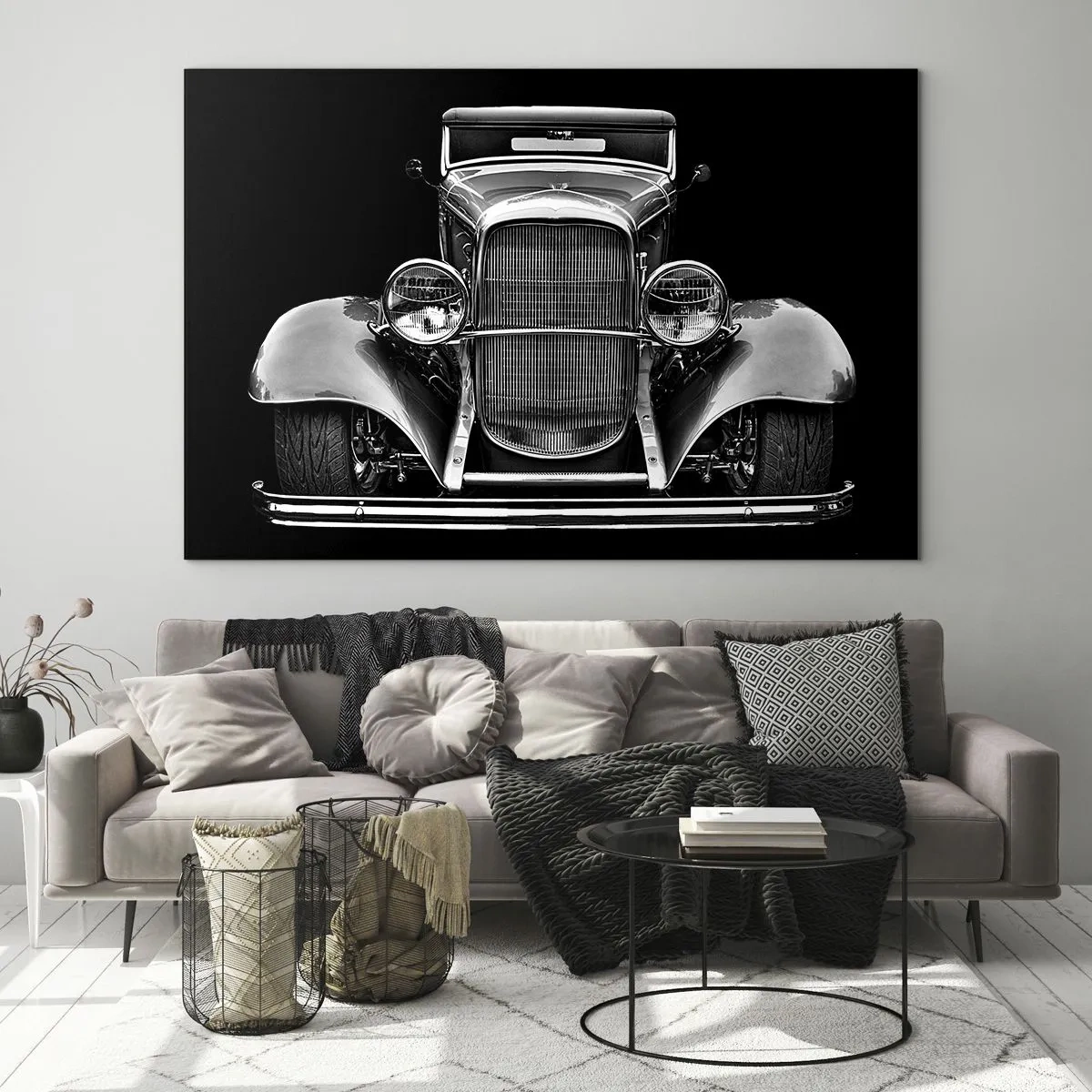 Glasbild - Bild auf glas - Eine Frontalansicht eines Oldtimers im Retro-Stil - 70x50cm - Wahrer Gentleman - Moderne Wanddekoration für Wohnzimmer und Schlafzimmer ARTTOR