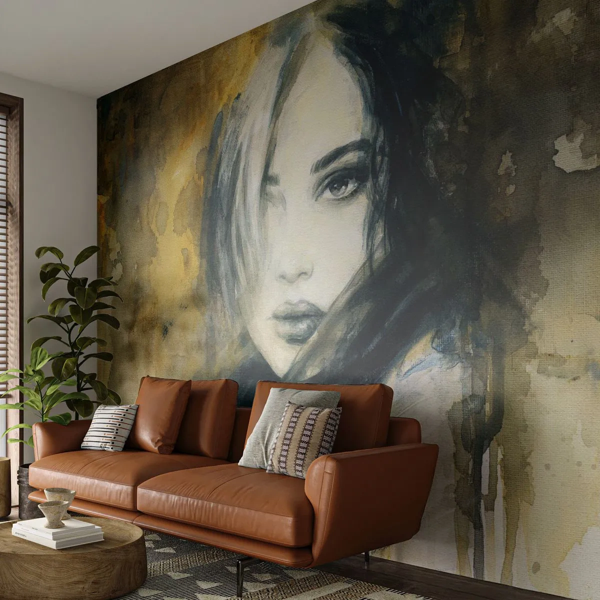 Fototapete Premium Sand - unschuldiger oder sinnlicher? - Porträt einer Frau, Das Gesicht einer Frau, Grafik - 500x350 cm