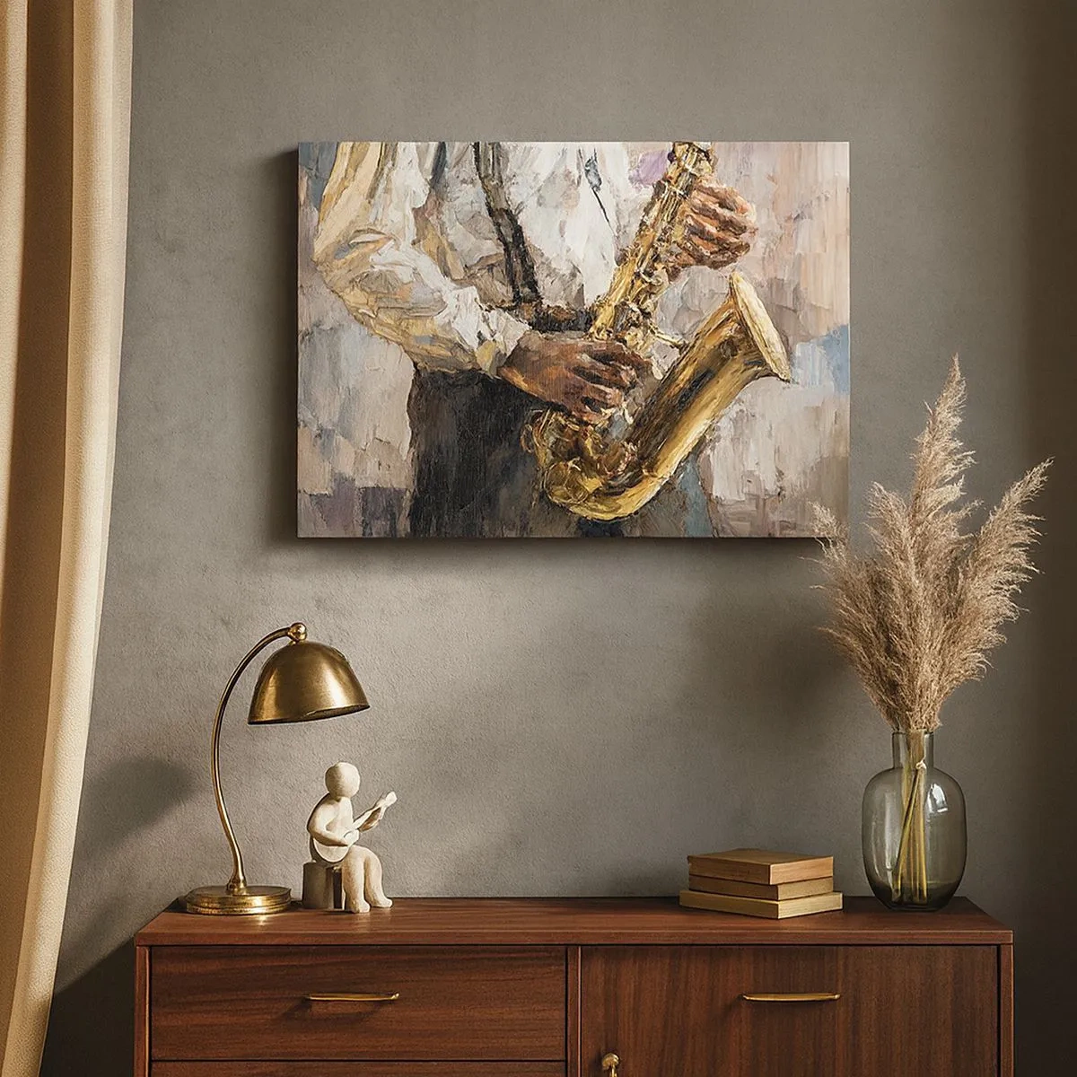 Bild auf Leinwand - Leinwandbild - Ein Musiker, der Saxophon in einem künstlerischen Stil spielt - 70x50cm - Zeit fürs Solo - Moderne Wanddekoration für Wohnzimmer und Schlafzimmer ARTTOR