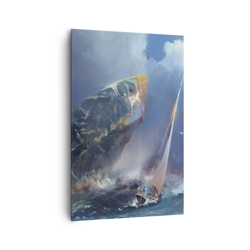 Bild auf Leinwand - Leinwandbild - Ein Segelboot im Sturm am Fuße eines massiven Felsens - 80x120cm - Wer den Mut hat, gewinnt - Moderne Wanddekoration für Wohnzimmer und Schlafzimmer ARTTOR