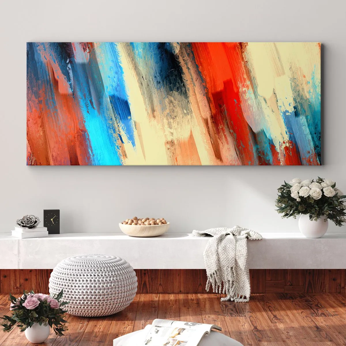 Bild auf Leinwand - Leinwandbild - Abstrakter Pinselstrich in Blau- und Orangetönen - 120x50cm - Eine Kaskade von Farben - Moderne Wanddekoration für Wohnzimmer und Schlafzimmer ARTTOR