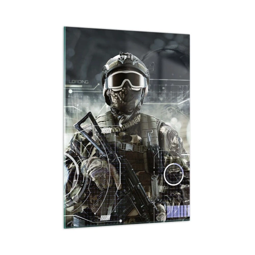 Glasbild - Bild auf glas - Ein Soldat in taktischer Ausrüstung vor dem Hintergrund einer futuristischen Benutzeroberfläche. - 50x70cm - Macht zu Macht - Moderne Wanddekoration für Wohnzimmer und Schlafzimmer ARTTOR