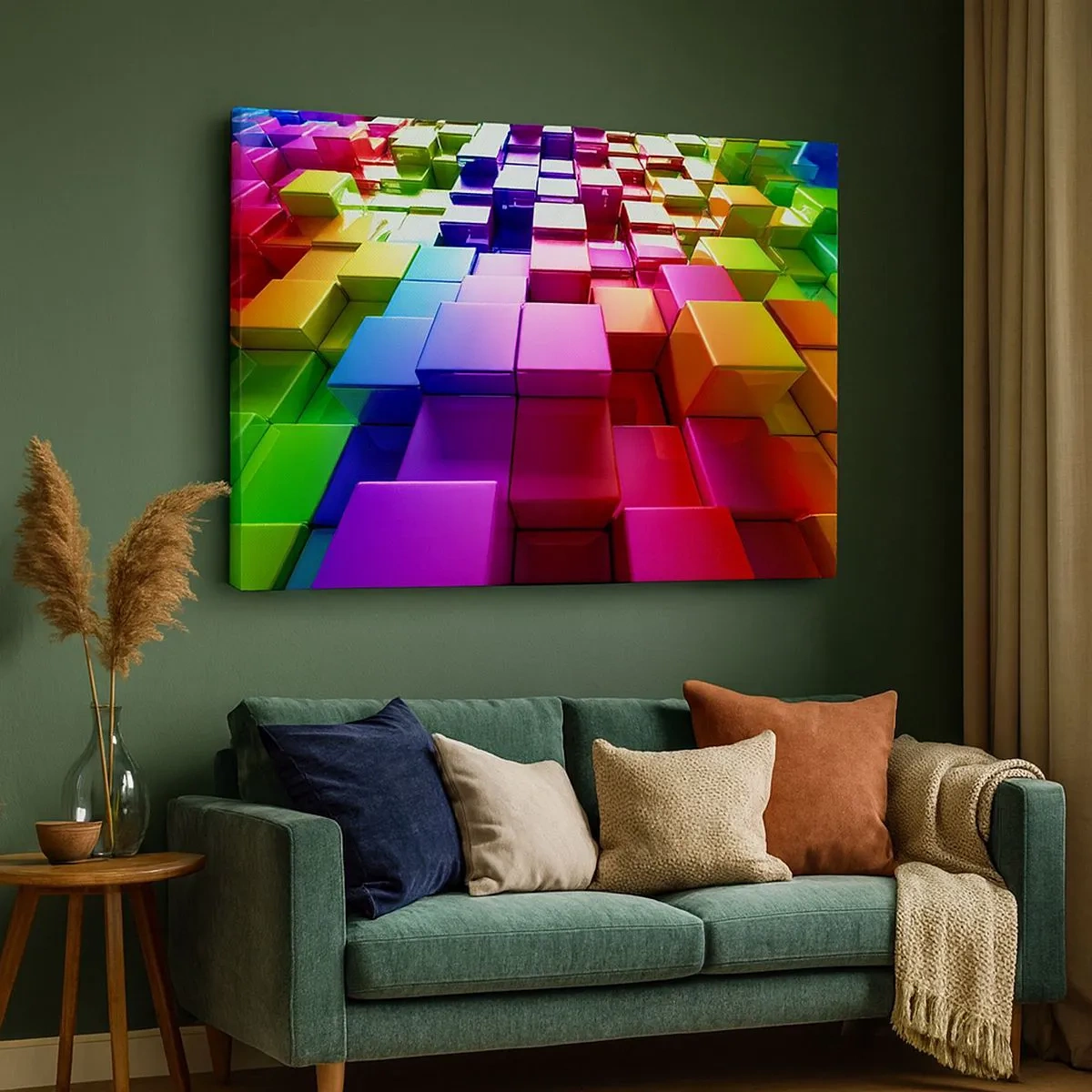 Bild auf Leinwand - Leinwandbild - Bunte geometrische 3D-Würfel - 70x50cm - Op-Art gemeinsam im Team - Moderne Wanddekoration für Wohnzimmer und Schlafzimmer ARTTOR