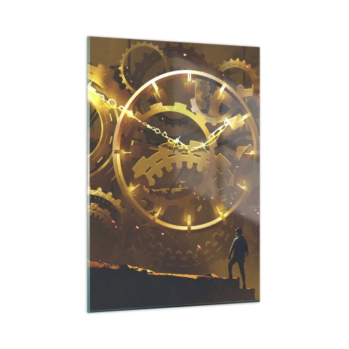 Glasbild - Bild auf glas - Goldene Steampunk-Zahnräder mit Hintergrundbeleuchtung vor einer menschlichen Silhouette - 50x70cm - An der Quelle der Zeit - Moderne Wanddekoration für Wohnzimmer und Schlafzimmer ARTTOR