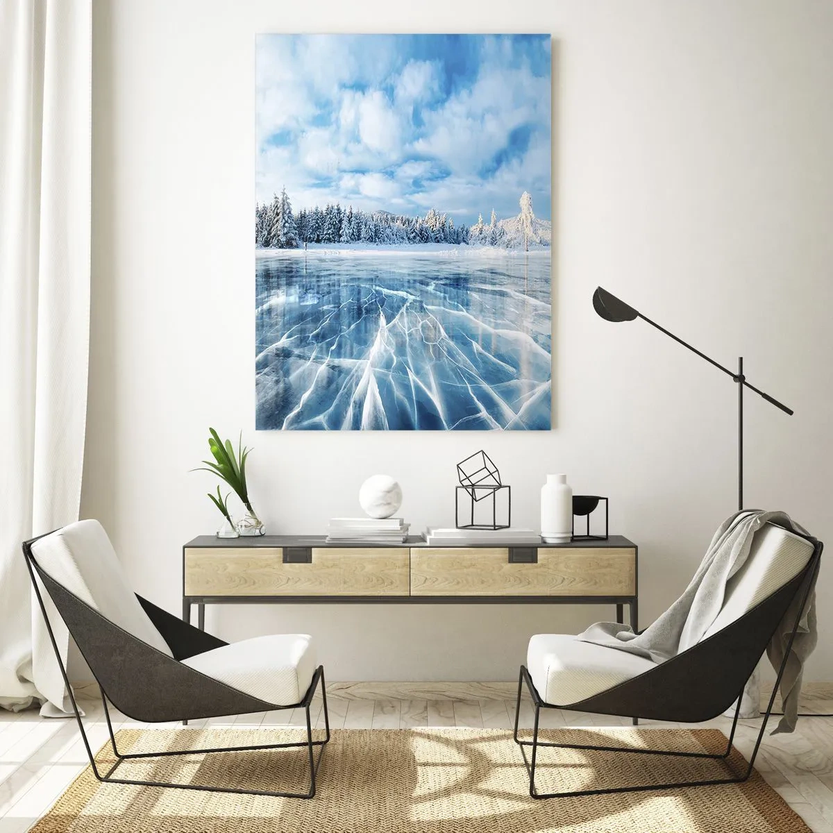 Glasbild - Bild auf glas - Ein zugefrorener See, umgeben von einem schneebedeckten Wald - 70x100cm - Eine schillernde und kristallklare Aussicht - Moderne Wanddekoration für Wohnzimmer und Schlafzimmer ARTTOR