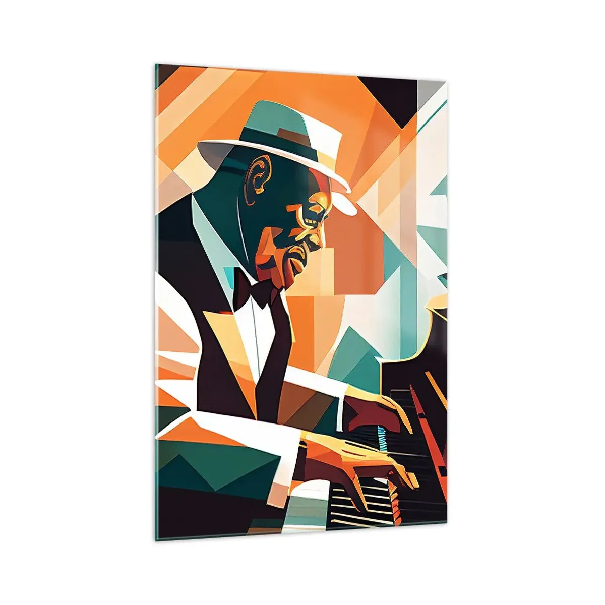 Glasbild - Bild auf glas - Abstrakter Musiker, der in warmen Farben Klavier spielt. - 70x100cm - Alles vom Jazz - Moderne Wanddekoration für Wohnzimmer und Schlafzimmer ARTTOR