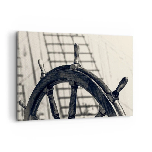 Bild auf Leinwand - Leinwandbild - Ein Segelruder im Retro-Stil mit einem Schiff im Hintergrund - 120x80cm - Meeresgeschichten - Moderne Wanddekoration für Wohnzimmer und Schlafzimmer ARTTOR
