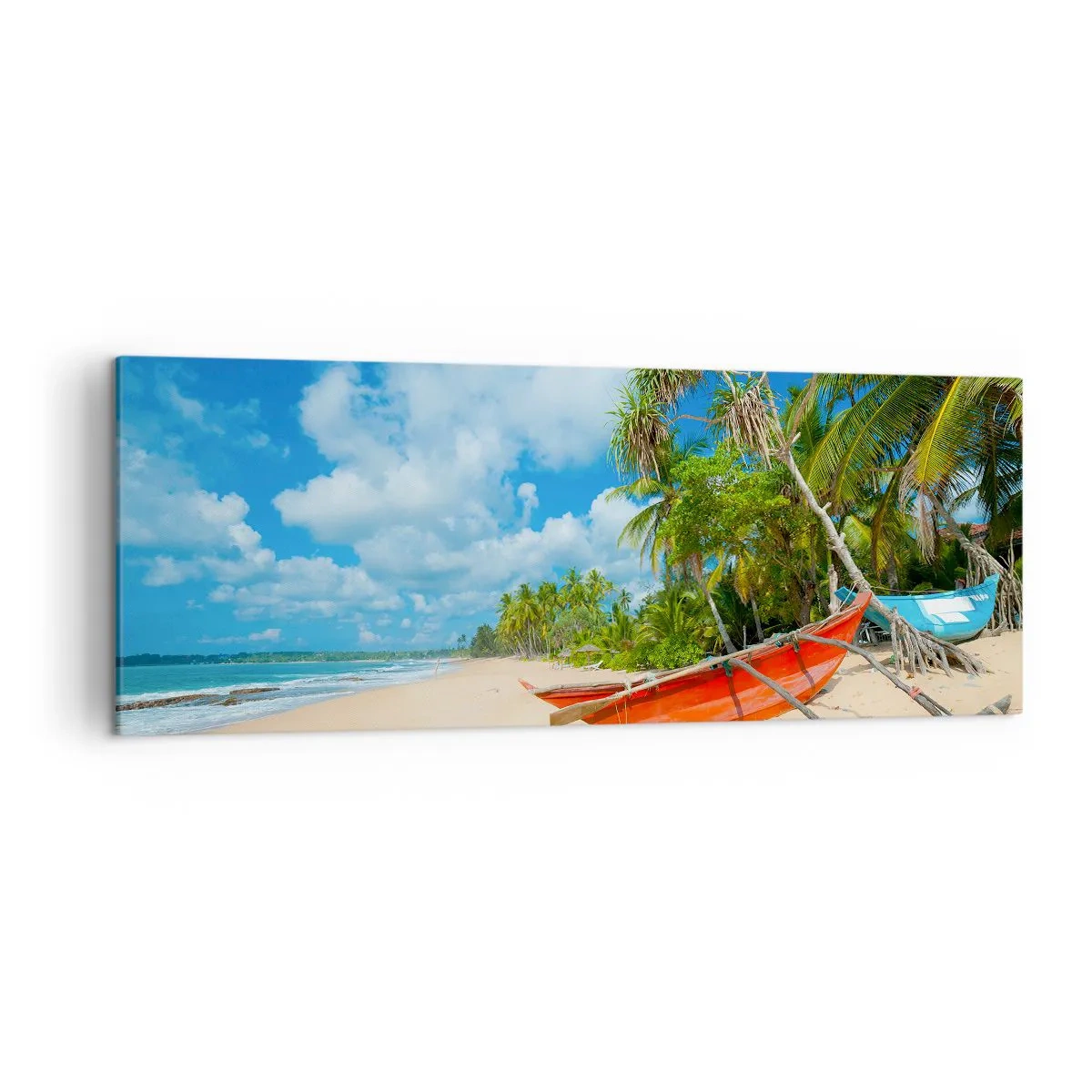Bild auf Leinwand - Leinwandbild - Tropischer Strand mit Palmen und bunten Booten - 140x50cm - Der Charme der Tropen - Moderne Wanddekoration für Wohnzimmer und Schlafzimmer ARTTOR