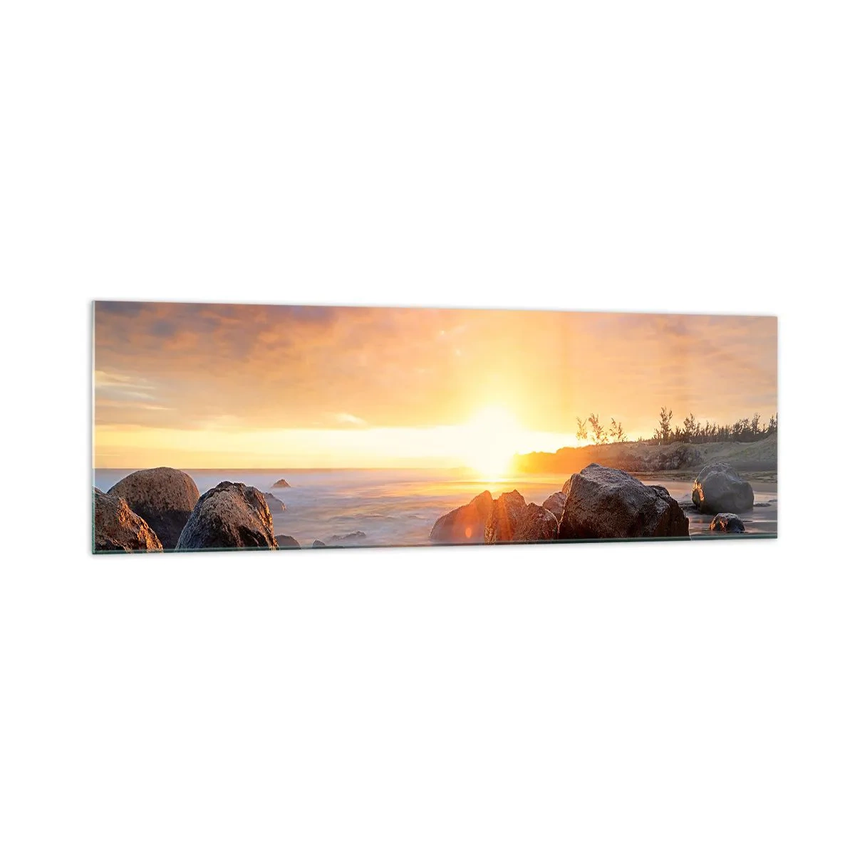Glasbild - Bild auf glas - Sonnenuntergang über der felsigen Küste - 160x50cm - Leuchtende Brise des Abends - Moderne Wanddekoration für Wohnzimmer und Schlafzimmer ARTTOR