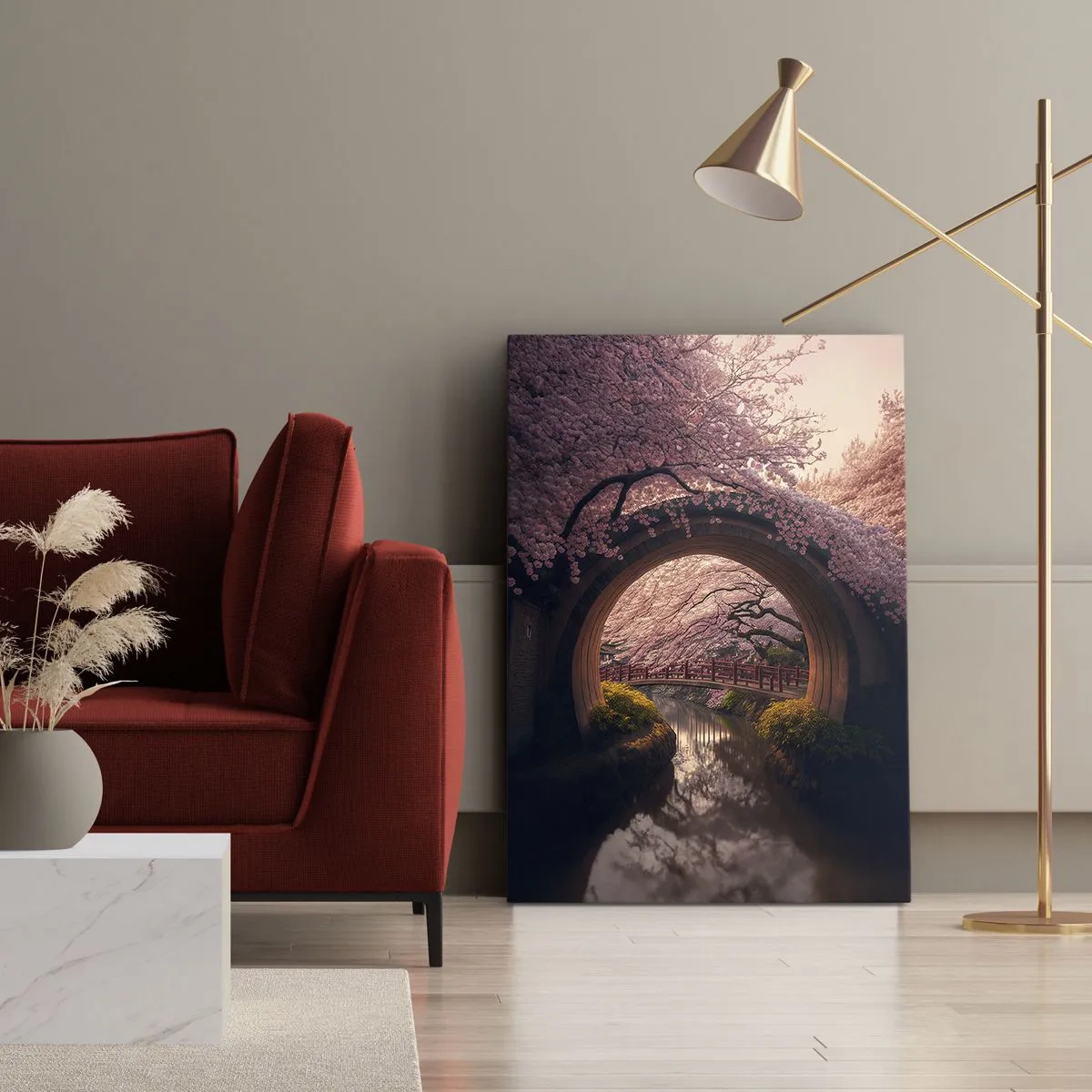 Bild auf Leinwand - Leinwandbild - Eine traditionelle japanische Brücke, umgeben von Kirschblüten - 70x100cm - Japanischer Frühling - Moderne Wanddekoration für Wohnzimmer und Schlafzimmer ARTTOR