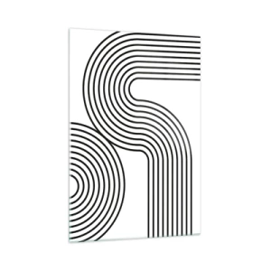 Glasbild - Bild auf glas - Ein abstraktes Gemälde mit schwarzen Linien, die geometrische Muster auf weißem Hintergrund erzeugen. - 70x100cm - An der Kurve - Moderne Wanddekoration für Wohnzimmer und Schlafzimmer ARTTOR