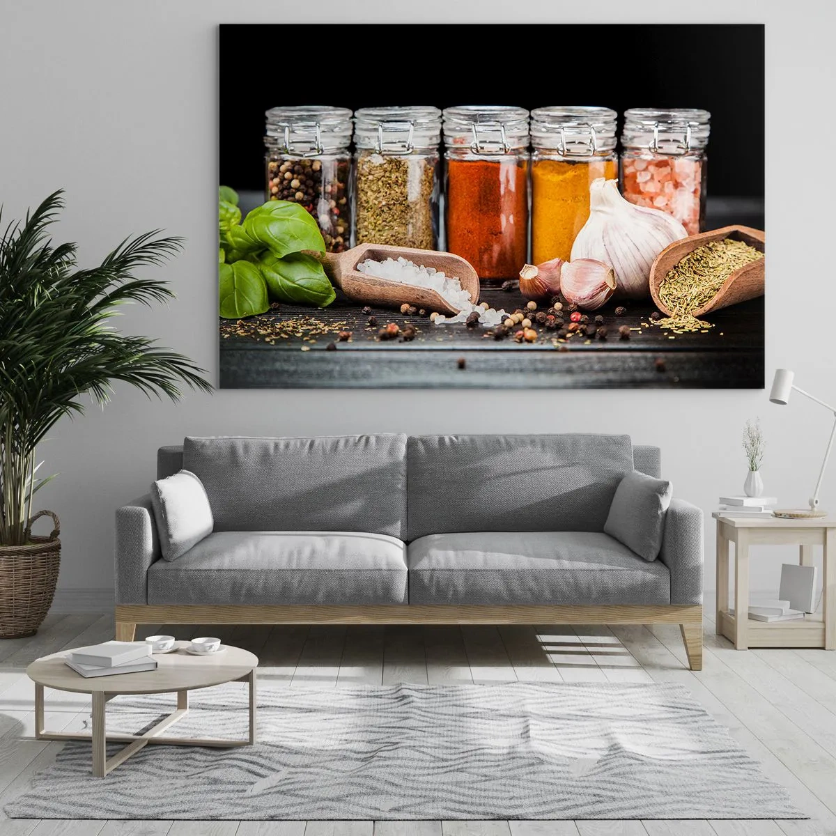 Glasbild - Bild auf glas - Bunte Gewürze in Gläsern auf dunklem Hintergrund - 100x70cm - Für einen Geschmack des Lebens - Moderne Wanddekoration für Wohnzimmer und Schlafzimmer ARTTOR