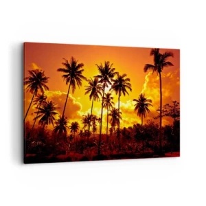 Bild auf Leinwand - Leinwandbild - Palmen vor einem goldenen Himmel während eines tropischen Sonnenuntergangs - 120x80cm - Berge brennen, Wälder brennen - Moderne Wanddekoration für Wohnzimmer und Schlafzimmer ARTTOR