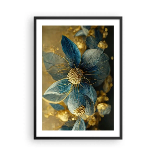 Poster in einem schwarzem Rahmen - Gold- und marineblaue Blumen in einer eleganten Komposition - 50x70cm - Mit Gold blühen - Moderne Wanddekoration für Wohnzimmer und Schlafzimmer ARTTOR