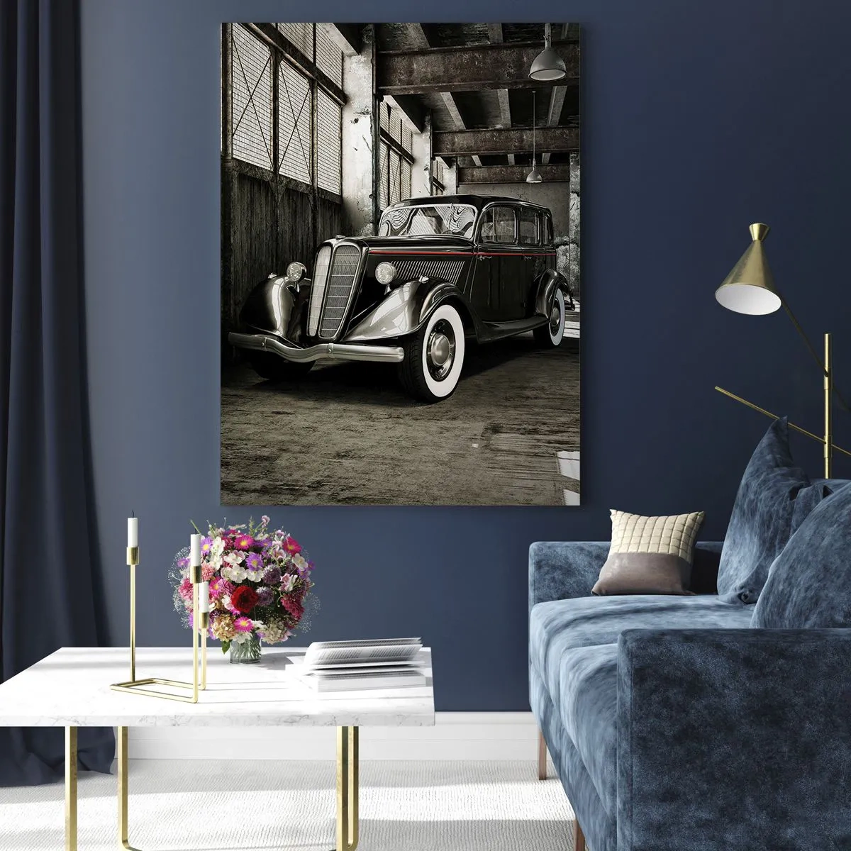 Glasbild - Bild auf glas - Ein Oldtimer in einer stilvollen Garage - 50x70cm - Die ewige Eleganz der 1930er Jahre - Moderne Wanddekoration für Wohnzimmer und Schlafzimmer ARTTOR