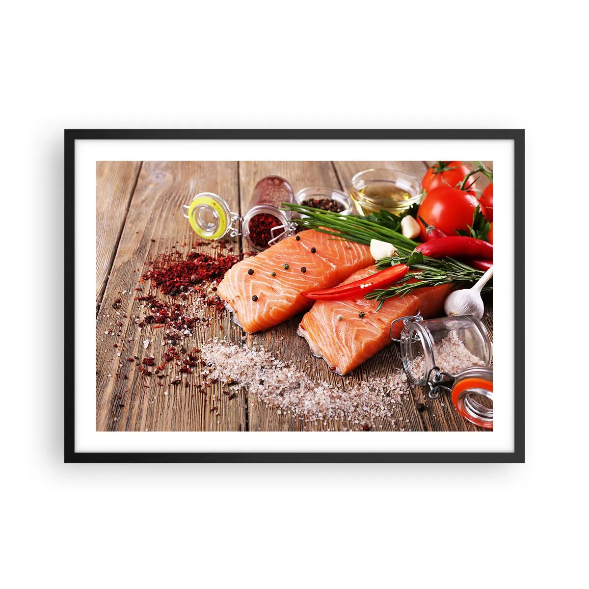 Poster in einem schwarzem Rahmen - Lachsfilets mit Gewürzen auf Holzhintergrund - 70x50cm - Norwegisches Abenteuer in der Küche - Moderne Wanddekoration für Wohnzimmer und Schlafzimmer ARTTOR