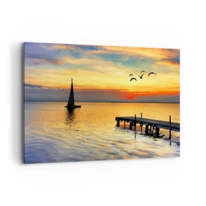Bild auf Leinwand - Leinwandbild - Sonnenuntergang mit einem Segelboot und Pier auf einem ruhigen See - 120x80cm - Abendrückkehr - Moderne Wanddekoration für Wohnzimmer und Schlafzimmer ARTTOR