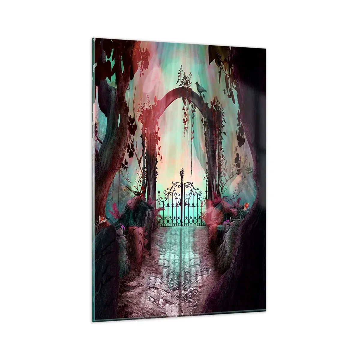 Glasbild - Bild auf glas - Ein magischer Eingang mit einem schmiedeeisernen Tor, umgeben von geheimnisvoller Vegetation - 80x120cm - Geheimer Garten - Moderne Wanddekoration für Wohnzimmer und Schlafzimmer ARTTOR