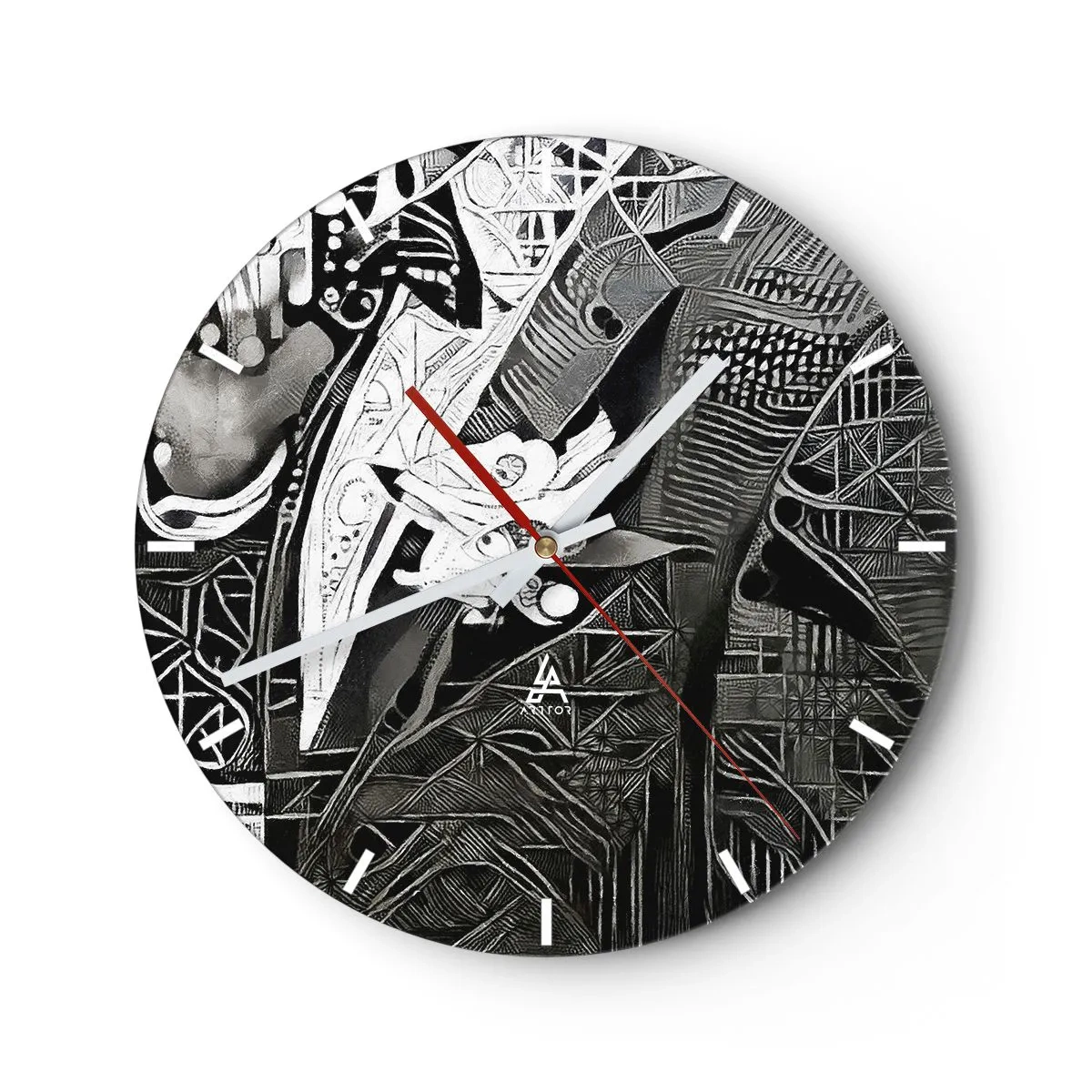 Wanduhr - Glasuhr - Schwarz-Weiß-Abstraktion mit komplexen geometrischen Mustern - 30x30cm - Nur ein scheinbar grauer Mann - Moderne Wanddekoration für Wohnzimmer, Küche und Schlafzimmer ARTTOR