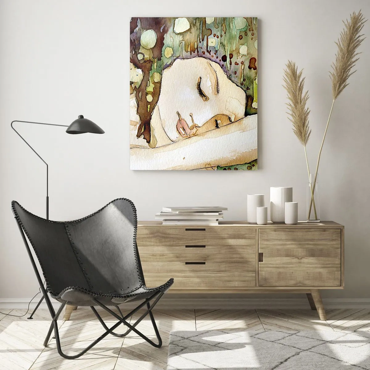 Glasbild - Bild auf glas - Eine träumende Frau, umgeben von abstrakten Formen und Farben. - 70x100cm - Ein smaragd-violetter Traum - Moderne Wanddekoration für Wohnzimmer und Schlafzimmer ARTTOR