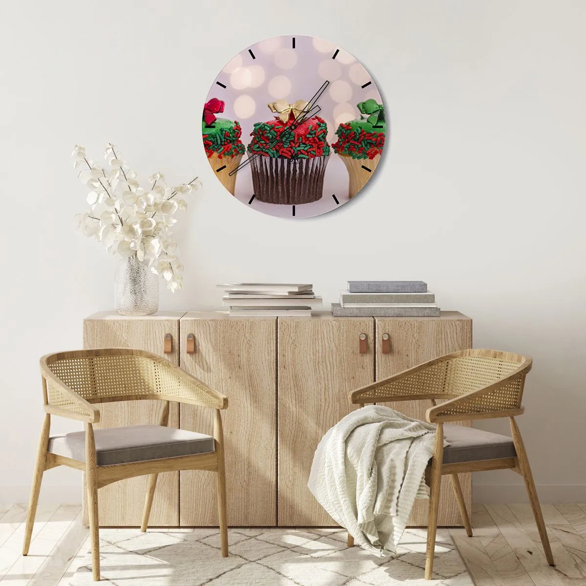Wanduhr - Glasuhr - Weihnachts-Cupcakes mit bunten Streuseln und Schleifen - 30x30cm - Süßigkeiten bis zu der Schleife - Moderne Wanddekoration für Wohnzimmer, Küche und Schlafzimmer ARTTOR