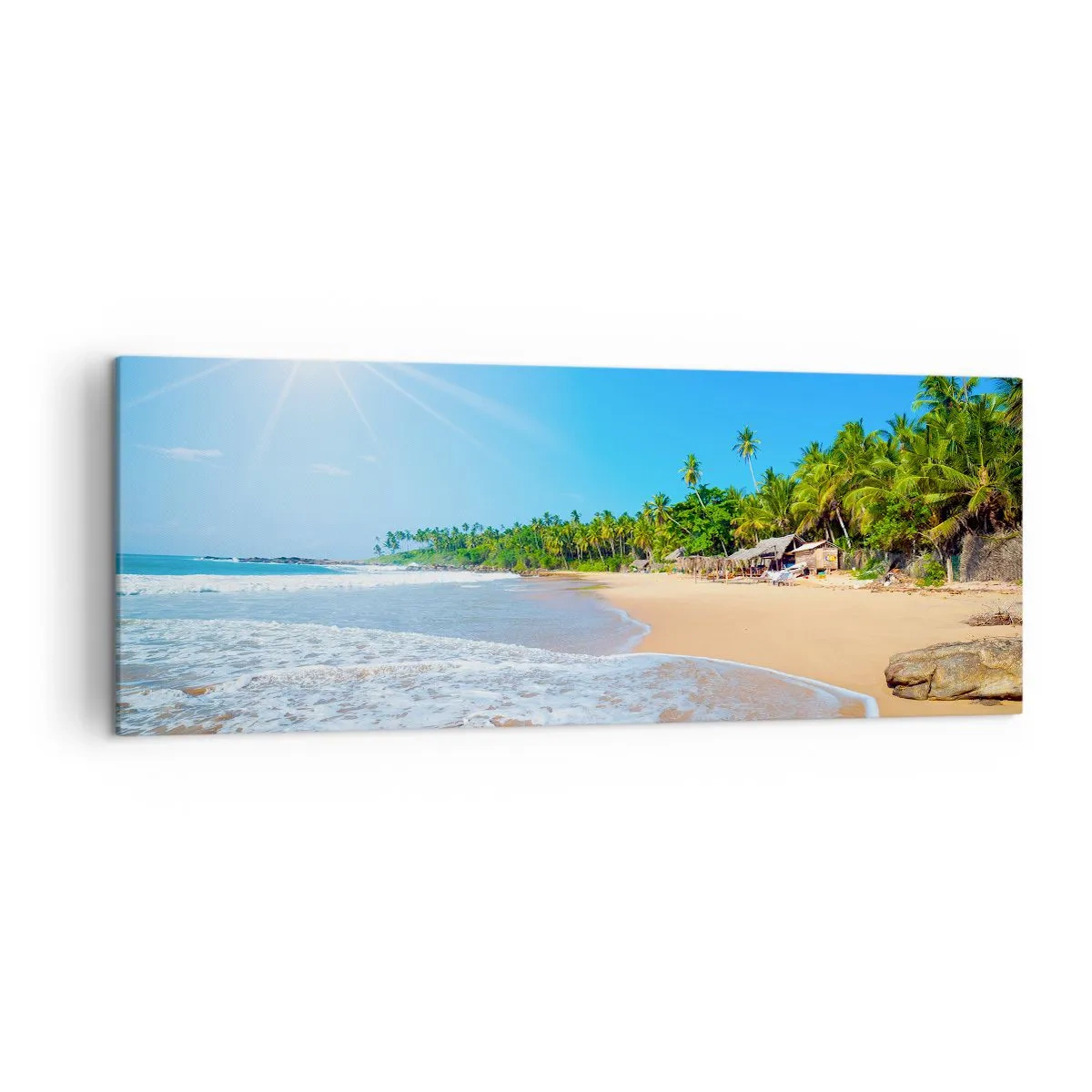 Bild auf Leinwand - Leinwandbild - Tropischer Strand mit Palmen und blauem Himmel - 140x50cm - Ein exotischer Ort für dich - Moderne Wanddekoration für Wohnzimmer und Schlafzimmer ARTTOR