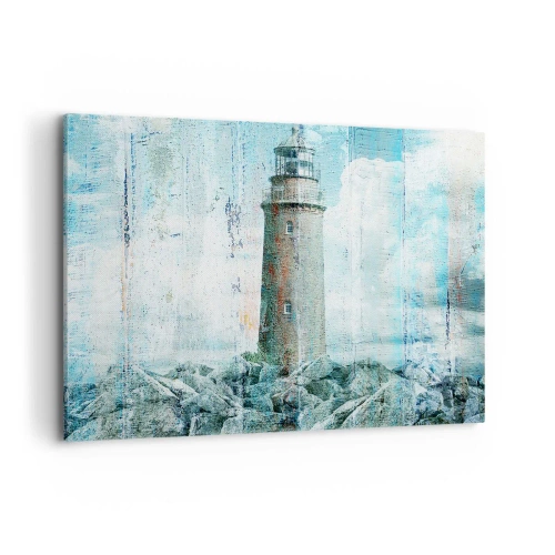 Bild auf Leinwand - Leinwandbild - Ein Leuchtturm an einer felsigen Küste in Pastellfarben - 100x70cm - Auf altem Holz - Moderne Wanddekoration für Wohnzimmer und Schlafzimmer ARTTOR