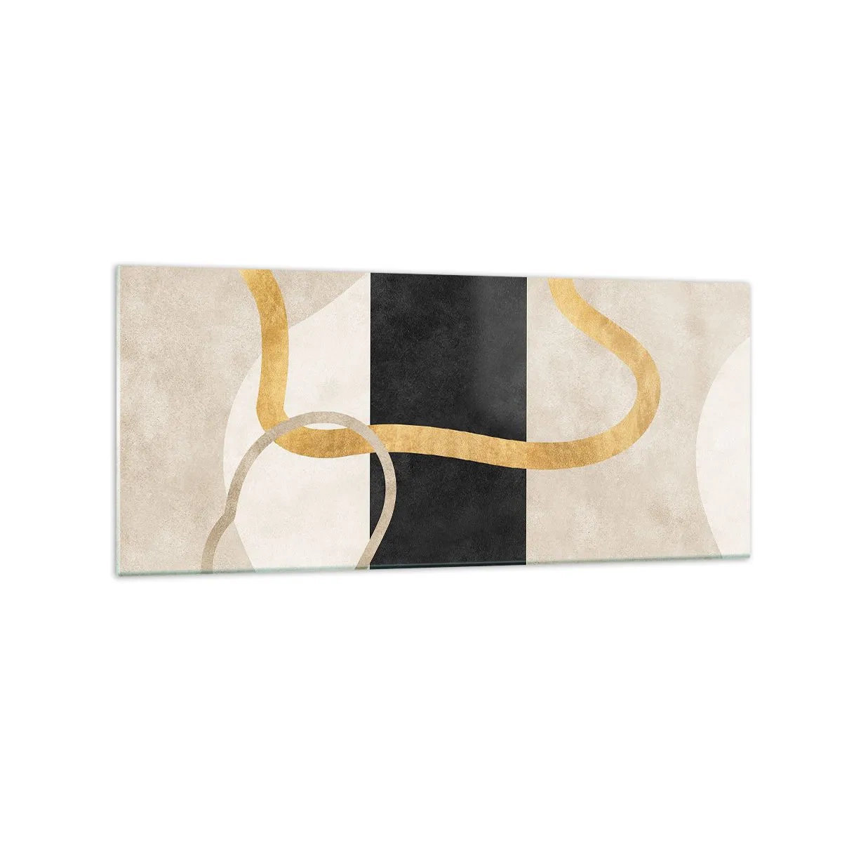 Glasbild - Bild auf glas - Ein minimalistisches Design mit geschwungenen Formen in Gold und Schwarz. - 120x50cm - Schleifenformen - Moderne Wanddekoration für Wohnzimmer und Schlafzimmer ARTTOR
